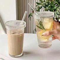 380Ml Paprastas dryžuotas stiklinis puodelis su dangteliu ir šiaudeliu permatomas arbatos puodelis Sultys stiklinis alaus skardinėlis Mocha puodeliai pusryčių kavos puodelis onesize