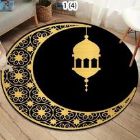 Luxury Islamic Round Area Rug with Golden Mosque Lantern Moon Star Print Decorative Floor Carpet for Ramadan Home Decor 80cm x 80cm