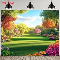 Vibrant Spring 2D Backdrop, Sunny Park & Colorful Trees Photo Background 47.2x31.5inch/120*80cm