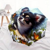 1pc Automatic Open/Close Umbrella with Cute Chihuahua Dog & Butterfly Floral Design - Compact Folding Umbrella, Sturdy Iron Fr