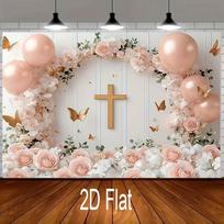 2D Pink Floral Cross Backdrop, First Communion Girl Party Photo Background 47.2x31.5inch/120*80cm