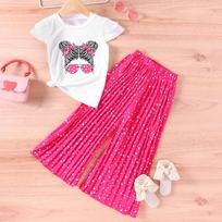2-7Y girls summer new cartoon personality avatar short sleeve + wide leg trousers casual two-piece set 2-3Y rožinė