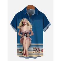 1980s Vintage Pin Up Girl Poster Sexy Girls Blonde Beauty 3D Prints Men's Short Sleeved Shirts For Men Fashion Hawaiian Shirts S