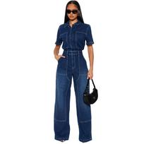 European-American Wide-Leg Slim Fit Stretch Denim Jumpsuit Romper XL