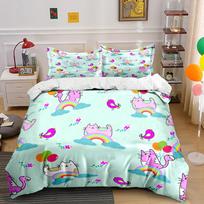 Rainbow Cats With Balloon Birds Print Bedding Set 1 Duvet Cover 2 Pillowcases For Adult And Children Luxury Gift Full Size EU Twin 135X200cm&set