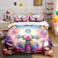 Cross, Roses, Clouds, Doves Print Soft Comfortable Duvet Cover Bedding Set Included 1*Duvet Cover  2*Pillowcases Luxury Gift EU Twin 135X200cm&set