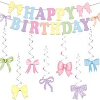 Ranbow Color Bow Spiral Pendants Sweet Pink Bow Happy Birthday Banner Dangling Swirls Swirl Hanging Garland Photo Props