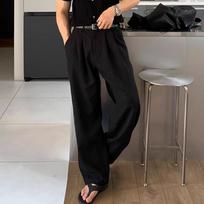 Men's Dark Brown Linen Blend High Waist Wide Leg Trousers M juoda