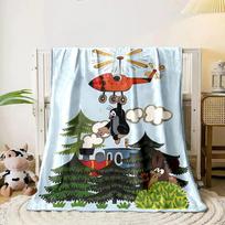 A mole hangs from a flying helicopter above trees, a rabbit, and a train. for all seasons blanket lunch break throw gift 80cm x 120cm