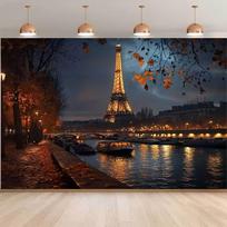 2D Eiffel Tower Backdrop, Paris Seine River Night Photography Background 47.2x31.5inch/120*80cm