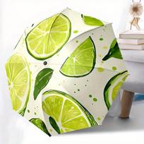 1pc Lime Slice Automatic Open/Close Umbrella with Cute Lime Slice Design, Green & White Pattern - All-Season Portable Folding
