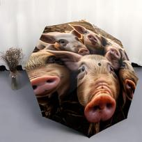 Automatic Folding Umbrella Close-up of curious pig faces. Portable collapsible design, casual outdoor accessory, Christmas bir