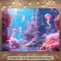2D Pink Underwater World Backdrop, Castle and Jellyfish Scene for Party & Video Background 47.2x31.5inch/120*80cm