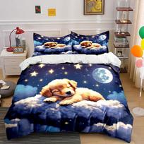 Night Sky Puppy Dreaming On Cloud Bedding Set For Kids Luxury Gift 3Pcs Digital Print Comforter Set Soft Comfortable Breathable (as the picture,EU Twin 135X200cm&set)