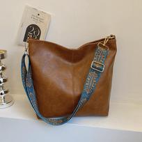 Vintage Solid Color Women Fashi Shoulder Sling Bag High-Capacity Simple Wide Strap Bucket Crossbody Bag gelsvai ruda