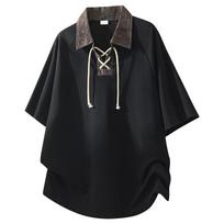 Men's Beige Lace Up Neck Color Block Polo Short Sleeve T Shirt M juoda