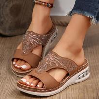 Rhinestone Wedge Slippers Women Casual Air Cushion Platform Sandals Woman Summer Non Slip Beach Flip Flops 36 smėlis