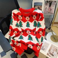 Autumn and Winter Vintage Christmas Red Pullovers Sweaters Women Fashion O Neck Loose Warm Knitted Sweater Women Elegant Sweet Print Lady Jumper 25512 One Size raudona