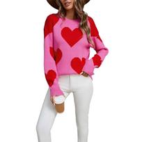 Women's Loose Casual  Fashion Round Neck Heart Sweater Knitted Bottoming Shirt Sweater L karšta rožinė spalva