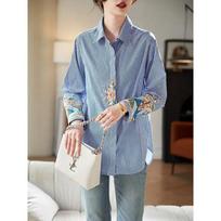 National Style Embroidered Striped Long-sleeved Shirt Spring and Autumn All-match Professional Shirts Versatile for Women S mėlyna