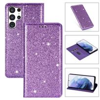 Blizgantis atlenkiamas dėklas telefonui Samsung S26 Ultra S25 Plus S24 S23 FE A17 A37 A57 A16A36 A56 Piniginės Kortelės Magnetinis Knygos Dangtelis Galaxy S24 violetinė