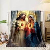 Two figures with glowing halos, sacred hearts, lilies, and radiant light. for all seasons blanket lunch break throw gift 80cm x 120cm