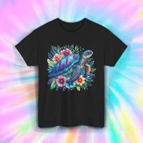 Colorful Sea Turtle Floral Ocean Beach Vibe Summer Graphic Tee S-5XL S