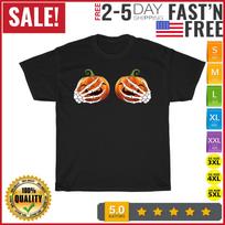 Halloween Skeleton Hands Holding Pumpkins Boobs Vintage T Shirt Mens Womens Tees Top Men Women NEW 3XL