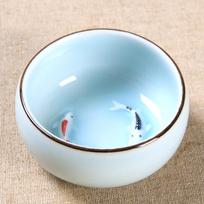 45ml/80ml Handpainted Ceramic Embossed Double Carps Teacup Longquan Celadon Fish Luohan Vintage Personal Cups Green Blue 45ml mėlyna