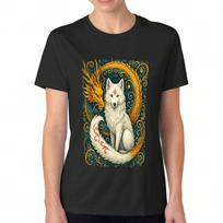 Mystical Wolf And Dragon Ladies' Cotton T Shirt, Premium Cotton Quality Print, Durable, Casual And Fashionable, Featuring A Majestic White Wolf With G S įvairiaspalvis
