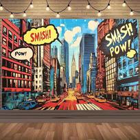 2D Superhero Comic City Backdrop, 2D Smash Pow NYC Taxi Background 47.2x31.5inch/120*80cm