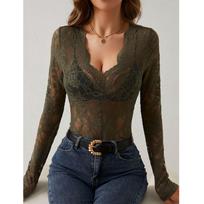 Women’s Long Sleeve Lace Bodysuit Scalloped Neckline Sheer Floral Pattern Fitted Top for Casual Wear L armijos žalia spalva