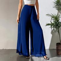 Women’s Loose Fit Chiffon Wide Leg Long Pants High Waist Flowing Trousers Lightweight Relaxed Style for Everyday Wear L mėlyna