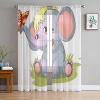 Cute Elephant And Butterfly Sheer Curtains For Bedroom Living Room Tulle Curtains For Kitchen Window Voile Curtains 135W x 114H(cm)