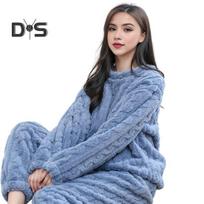2 vnt./kompl. Žieminis pižamos komplektas Sutirštintas koralinis vilnas Suktas tekstūros Apvalaus kaklo ilgomis rankovėmis viršus Elastingas juosmuo Kelnės Namų drabužiai Laisvalaikio drabužiai Apranga mėlyna