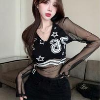 Women Mesh Transparent T-shirts Black Sexy Girls Y2K Tees Long Sleeve Deep V Fashion Lady Club Party Wear S juoda