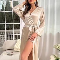 Danny Lin Faux Silk Long Sleeve Nightgown & Tie Bathrobe for Women - Fashionable, Sexy, Casual Homewear S chaki