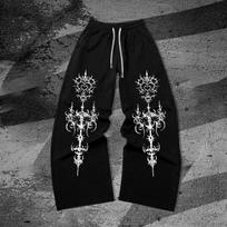 Dark-themed thorn totem symmetrical print wide-leg sweatpants, outdoor sports and streetwear joggers L juoda