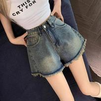 Retro Raw Edge Denim Shorts for Small Women Summer New Pear-shaped Figure High-waisted Wide-leg Hot Pants S mėlyna