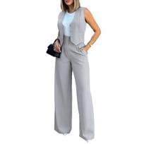 Women's Vest Pants Set Elegant Lady Baggy Pants Set with Vest Designed For Women's High-Waisted Wide Leg Pants Uniform Color Streetwear Outfit S šviesiai pilka spalva