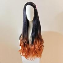 Anime Nezuko Kamado Wig Halloween Character Costume Cosplay Wigs Black Orange Gradient Long Curly Wig Kamado Nezuko Bamboo Props