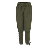 Men's Medieval Pirate Linen Pants - Black Loose-Fit with Leg Straps L žalia