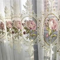 Elegantiškos su bijūnais siuvinėtos marlinės užuolaidos - Prabangus permatomas voile svetainei ar miegamajam 100x210 cm