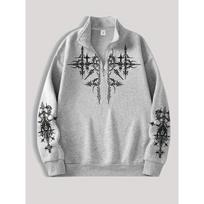 Men's Gothic Style Multi Position Printed Zipper Stand Up Collar Sweatshirt, Street Style Zipper Sweatshirt, Suitable for Casual Occasions S pilka