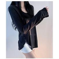 Spring Lightweight V Neck White Long Sleeve Sun Protection Shirt Split Slim Fit Top For Women Outerwear One Size juoda