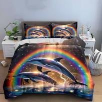 Rainbow Dolphin Three-Piece Set Decor Multiple Sizes Kid'S And Adults' Bedroom Exquisite 3Pc Bedding Set, Gift EU Twin 135X200cm&set