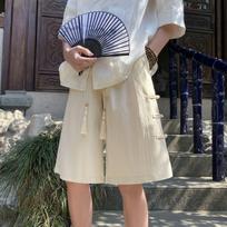Unisex Beige Chinese Style Frog Button Shorts With Tassel Drawstring M abrikosas