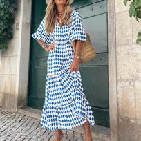 Women's Bohemian Maxi Dress with Geometric Print, V-Neck, Short Sleeves, Casual Summer Beachwear, L mėlyna