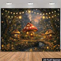 2D Whimsical Toadstool Houses Backdrop with Twinkling Lights Background 47.2x31.5inch/120*80cm