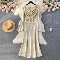 Vyresniojo teismo vakarėlis, žuvies uodegėlė, vientisa suknelė moterims Madinga, suvarstoma V kaklu, plonos ir elegantiškos suknelės, moteriškos, elegantiškos, besiplečiančios rankovės, 2024 m. retro stiliaus seksuali suknelė Prancūzijoje S abrikosas